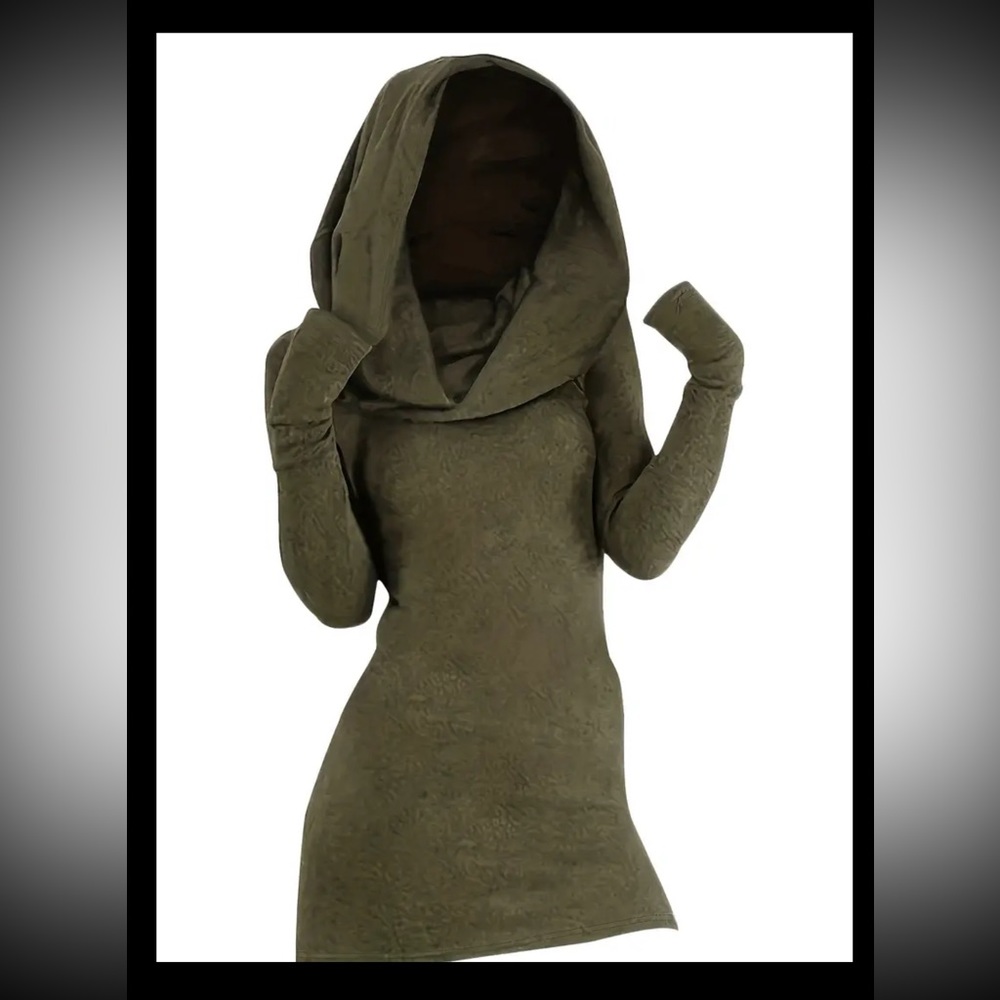 Olive stretch sweater dress with hood